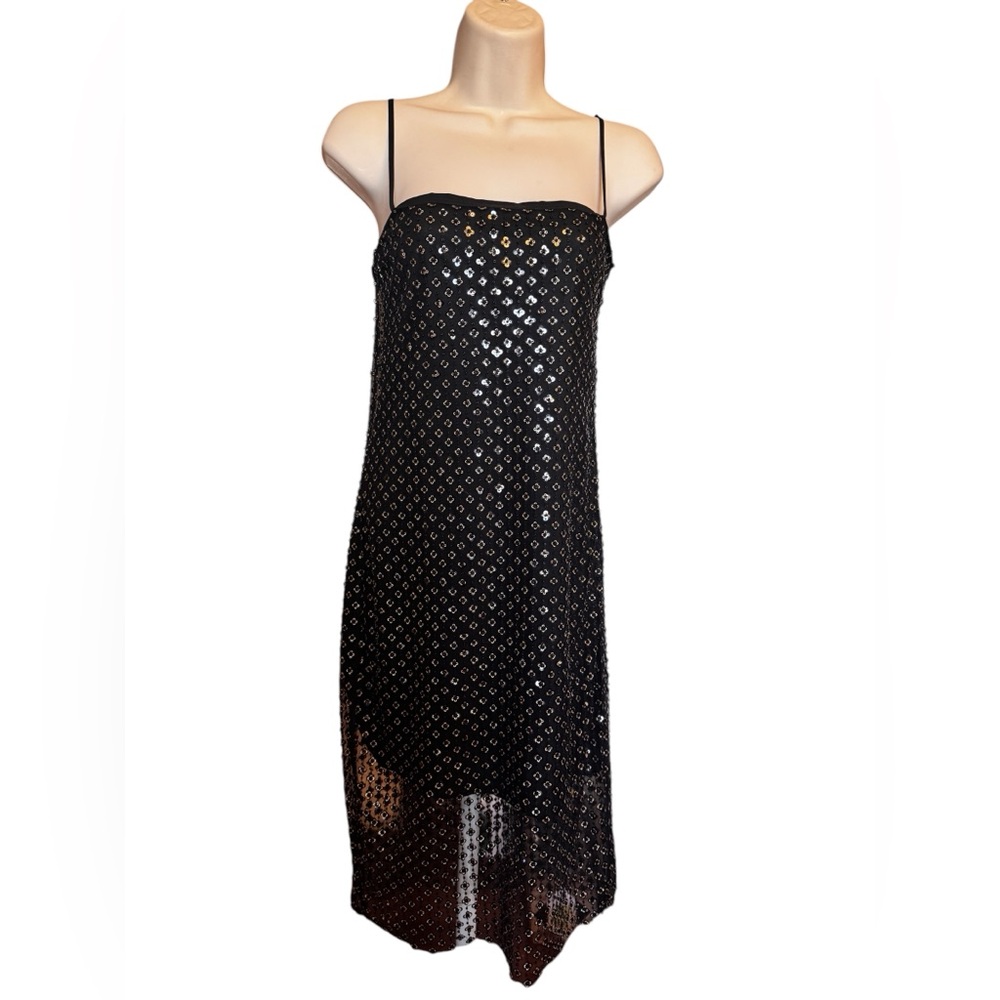 Gianni Bini Black Sequin Mesh Slip Dress Size 2 Sheer Vampy Whimsigoth Cocktail